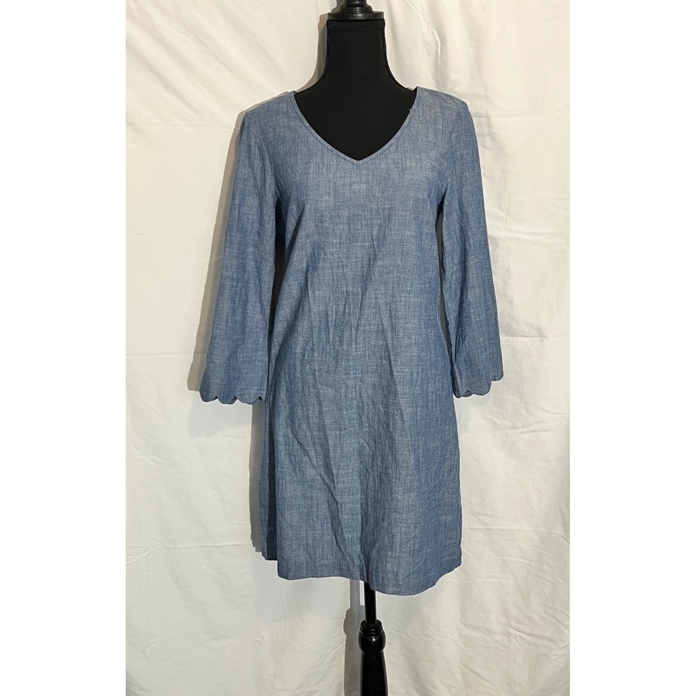 J. Crew Dress Womens Size 6 Blue‎ 3/4 Sleeve Scallop Cuff V Neck Casual